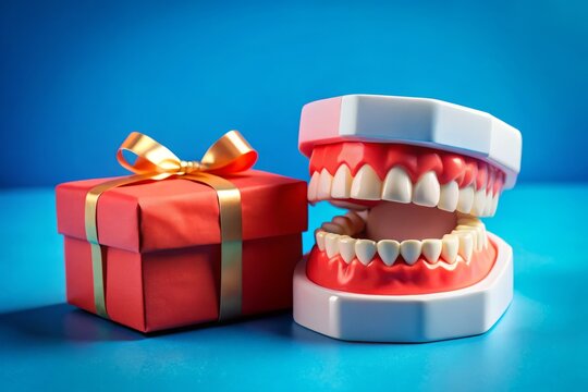 Jaw Model Gift Box Close-Up: Minimalist Dental Surprise, Blue Background