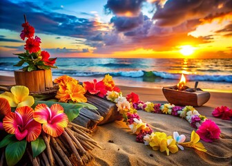 Luau Party Decorations Seaside Close-Up: Tropical Flowers, Leis, Tiki Torches, Ocean View