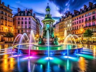 Lyon Jacobin Square Fountain Night Photography - Medium Shot Illuminated Water Feature
