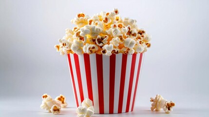 A photostock of freshly popped white popcorn in a red-striped bucket, isolated on a clean white background, fun and appetizing, High Quality