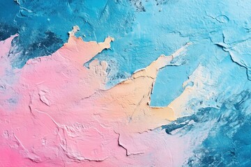 Naklejka premium An abstract painting featuring a blend of pink, blue, and peach colors with textured layers. The artwork showcases a dynamic interplay of hues and shapes, creating a visually striking composition.