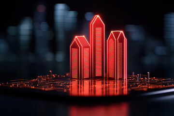 futuristic cityscape with glowing red skyscrapers on digital platform, showcasing advanced technology and urban development