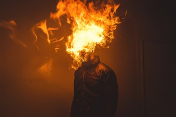 A person engulfed in flames, possibly in a dramatic or surreal scene