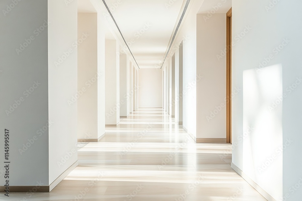 Aufkleber a serene and modern minimalist architectural hallway bathed in abundant natural light, with clean li