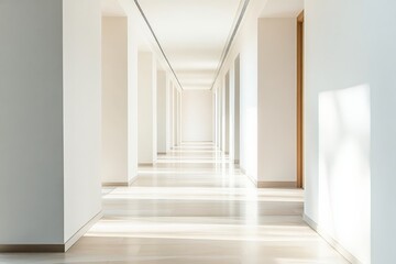 A serene and modern minimalist architectural hallway bathed in abundant natural light, with clean lines and soft shadows creating a calming, peaceful atmosphere.