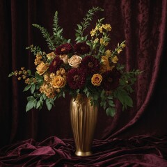 A luxurious arrangement of burgundy and gold flowers in a tall vase on a velvet background.