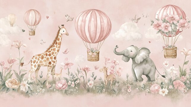 Whimsical watercolor mural depicts animals cycling amidst hot air balloons against a soft pink backdrop. Ideal for a girl's room, this mural features adorable illustrations of a giraffe, elephant