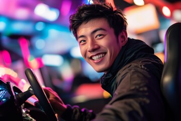 A young man with an exhilarated smile drives through a neon-lit cityscape, highlighting themes of adventure, enthusiasm, and the vibrant pulse of urban life.