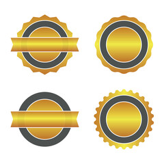 A set of four golden badges with ribbons and circular designs, featuring metallic and shiny finishes. Ideal for use in certificates, awards, logos, and branding for a premium, elegant look.