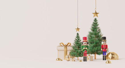3D render, Happy new year and Merry Christmas background decorated with nutcracker, gifts and trees in golden theme.