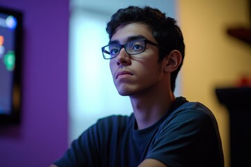 Fototapeta premium A young adult sits focused, staring at a screen while wearing glasses, in a room with a softly illuminated ambiance, portraying concentration and engagement.