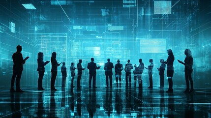 Corporate team strategizing in a collaborative meeting with digital technology tools for advanced marketing data analysis and informed investment decision-making in a modern business environment