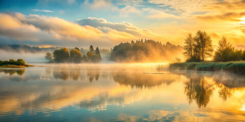 Fototapeta premium serene lagoon shrouded in fog reflects shades of orange and blue during sunrise. tranquil water mirrors surrounding trees and clouds, creating peaceful atmosphere