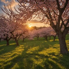 Fototapeta premium A serene spring scene featuring pink cherry blossom trees in full bloom, their vibrant petals contrasting beautifully with a lush green meadow, bathed in the warm, golden light of an Easter sunrise.
