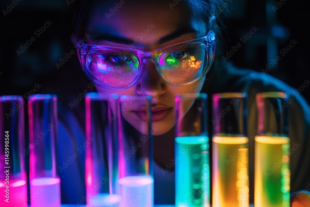 Poster a scientist with clear goggles intensely studies several multicolored glowing test tubes in a dimly 