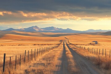 Golden Hour over Rural Landscape with Open Sky