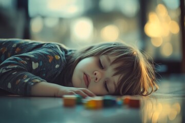 A peaceful child lies asleep on the living room floor among various colorful wooden blocks with muted warm light creating a calm and serene environment around them.