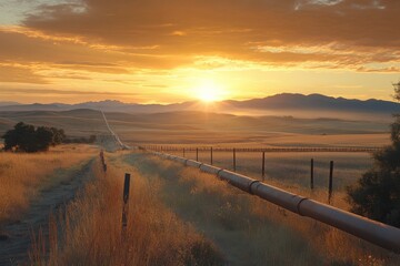 Obraz premium Golden Hour Landscape with Pipeline in Rural Area