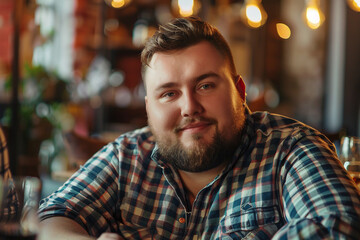 Picture of overweight mature man sitting in cafe ai generative design
