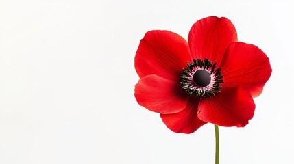 A single red anemone flower set against a stark white background, macro shot, Minimalist style