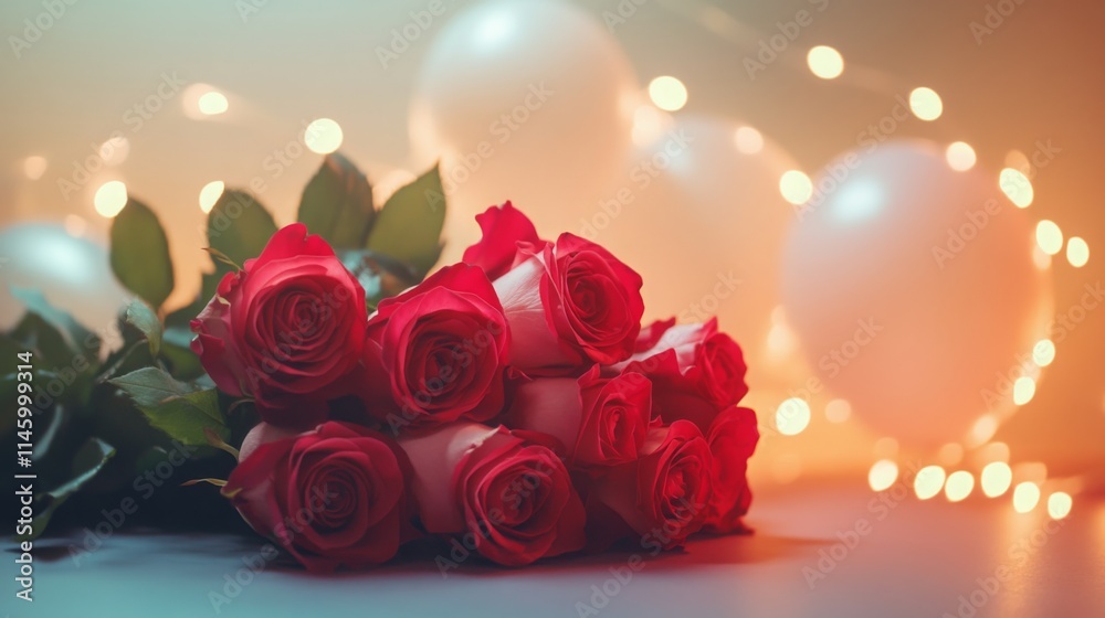 Poster a beautiful arrangement of red roses is featured alongside white balloons and glowing lights, creati