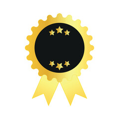 Gold award badge with five stars and a ribbon. Ideal for representing excellence, top-tier achievement, certifications, or high-quality recognition in business, branding, and award presentations.