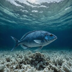 Fototapeta premium A stunning blue fish swimming gracefully through a clear ocean with white foam.