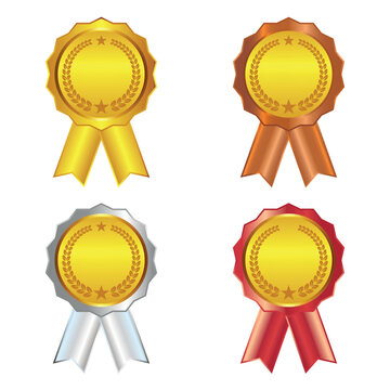 A set of four colorful ribbon badges featuring gold, bronze, silver, and ruby colors. Each badge has a round design with laurel wreaths and stars, perfect for representing awards and achievements.