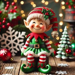 Joyful Christmas elf figurine wearing a green and red outfit with striped stockings