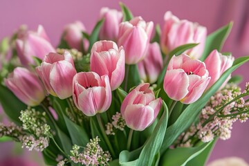 Fototapeta premium Beautiful composition spring flowers. Bouquet of pink tulips flowers on pastel pink background.