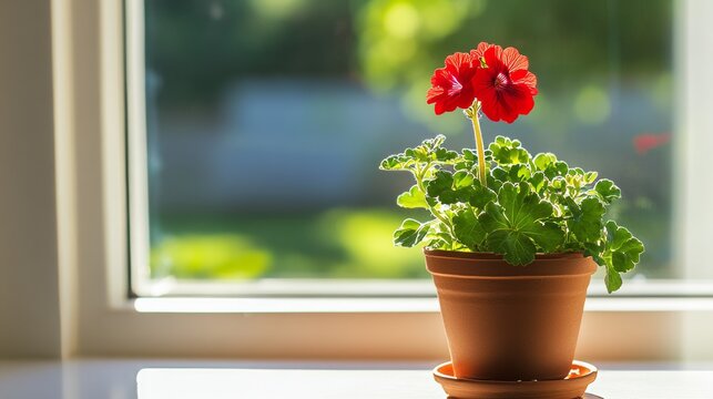 A single red geranium in a terracotta pot on a sunny windowsill, close-up shot, Home gardening bliss style