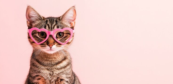 Creative Valentines day card with cute tabby cat in pink heart shaped glasses on pink background with place for text