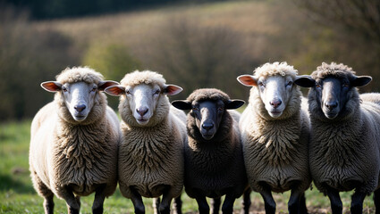 Fototapeta premium Group of sheep standing in green field looking forward