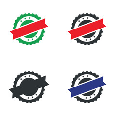 This image features four minimalist circular badges with ribbons in red, green, blue, and black. The badges are bordered by stars and dots, offering a sleek design perfect for logos, awards, or labels