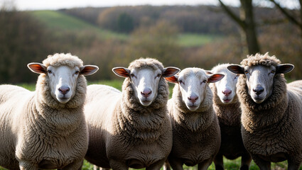 Fototapeta premium Four sheep standing in green field on farm