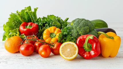 Healthy eating lifestyle captured with fresh fruits and organic vegetables on a rustic wooden table; vibrant, nutrient-rich produce showcasing clean eating, vegan food, and seasonal diet concepts.