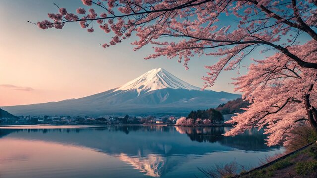 Majestic Mount Fuji with Cherry Blossoms and Tranquil Lake V7