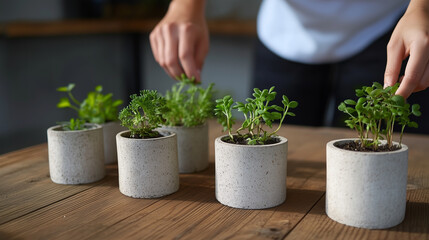Caring for small potted plants on a wooden table in a cozy indoor setting during daylight