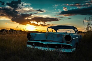 Fototapeta premium An old car abandoned in a field as the sun sets, great for use in nostalgic or rural-themed projects