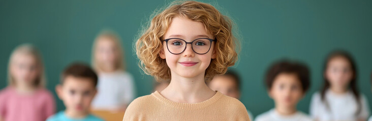 Obraz premium confident girl with curly hair and glasses stands in front of classmates