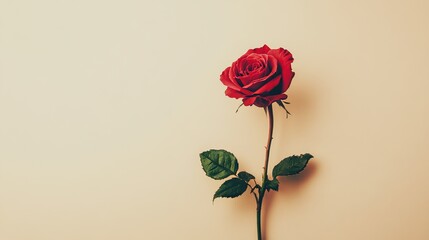 A single red rose set against a soft cream background, close-up shot, Minimalist style