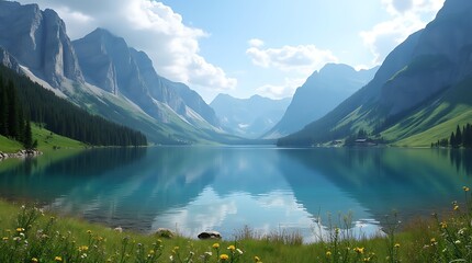 Fototapeta premium Serene Mountain Lake with Vibrant Flowers, Generative AI