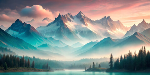 Fototapeta premium sweeping view of hazy mountains enveloped in soft pastel colors, showcasing majestic peaks and serene waters. tranquil landscape evokes sense of peace and wonder