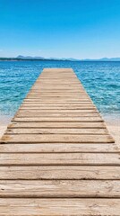 Obraz premium A photostock of a smooth wooden pier extending into the horizon, isolated on a clean white background, serene and minimalist, High Quality