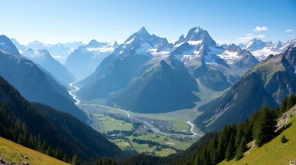 Fototapeta premium Majestic Alpine Valley with Snow-Capped Peaks, Generative AI