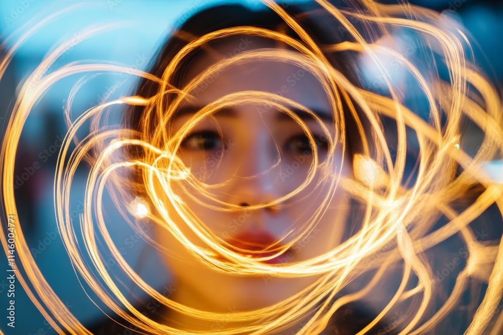 Poster A dynamic and engaging portrait of a woman caught in a whirl of golden swirling light, capturing a moment of wonder and curiosity in an abstract backdrop.