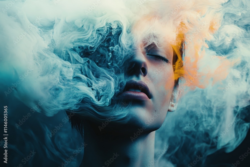 Poster a beautiful artistic portrait of a person, enveloped in swirling vibrant colors of smoke, creating a
