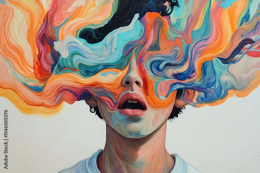 Poster a whimsical portrait of a person surrounded by abstract swirling shapes in vibrant colors, showcasin