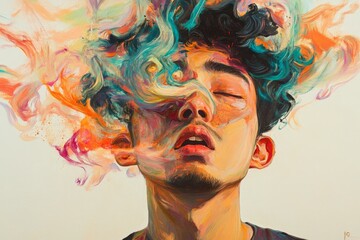 Abstract artistic depiction of a person with smoke clouds in various vibrant colors, creating an expression of creativity, emotion, and modern artistic style.