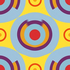 Obraz premium Abstract Geometric Pattern: A vibrant and playful pattern of overlapping circles and arcs in shades of yellow, blue, red, purple, and orange creates a visually captivating and dynamic design. 